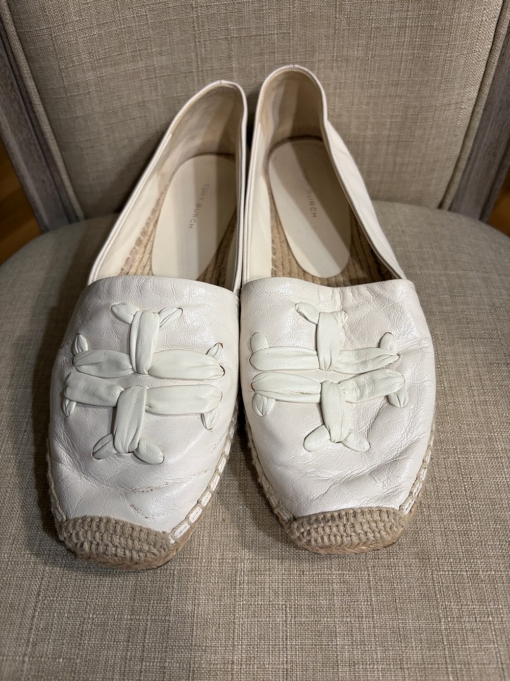 Tory Burch Woven Double T Aline White Braided Leather Espadrille Flats
